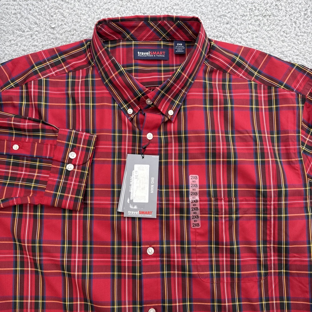 TravelSmart Dress Casual Shirt Mens XXL Big 2XB L/S Red Plaid Roundtree & Yorke